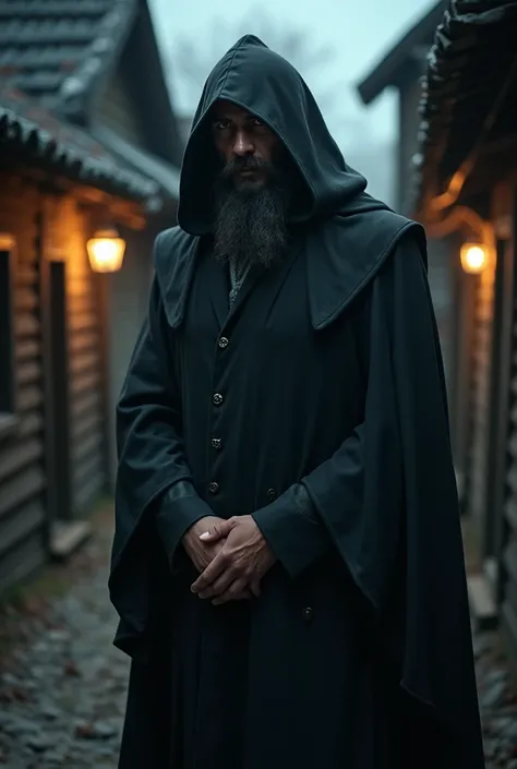 "A tall, mysterious man with a hood and piercing eyes, standing in a dimly lit alley in a small, old village. He exudes a sense of knowledge and power, with an enigmatic and dark aura. The background has old wooden houses and faint lantern light casting sh...