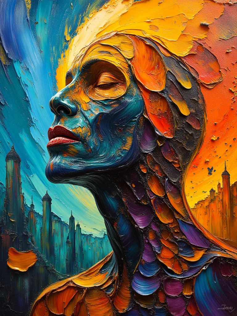 Hollow head close on double exposure featuring inside a bunch of long body beings, Jean Giraud mixed with John Berkey paintings, oil painting, smooth gradient from blue to orange, abstract fragments building the scene textures and ornaments, sci-fi, oil pa...