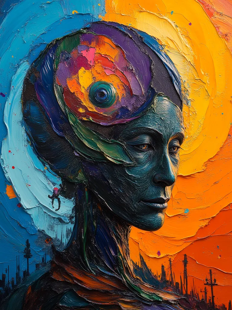 Hollow head close on double exposure featuring inside a bunch of long body beings, Jean Giraud mixed with John Berkey paintings, oil painting, smooth gradient from blue to orange, abstract fragments building the scene textures and ornaments, sci-fi, oil pa...