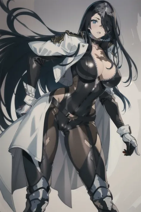 1woman, solo, (masterpiece, best quality:1.4), extremely detailed face, perfect lighting, nice hands, perfect hands, pawoonekoyanagi, forehead plate armor, hair over one eye, very long hair, black hair, blue eyes, scar, burn scar, only black bodysuit, body...