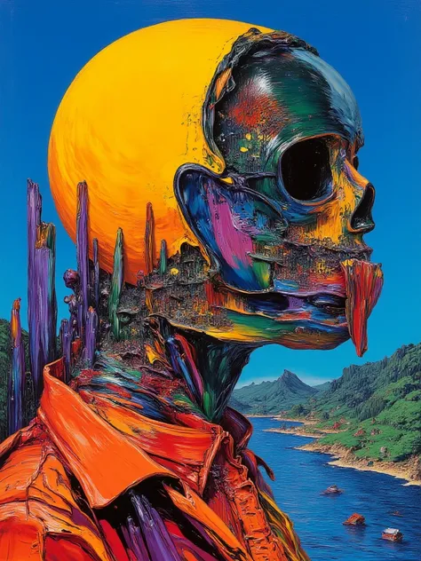 Hollow head close on double exposure featuring inside a bunch of long body beings, Jean Giraud mixed with John Berkey paintings, oil painting, smooth gradient from blue to orange, abstract fragments building the scene textures and ornaments, sci-fi, oil pa...