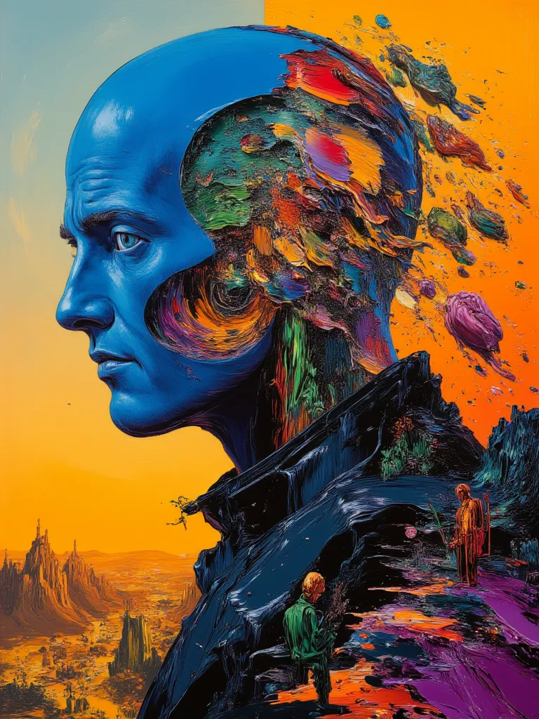 Hollow head close on double exposure featuring inside a bunch of long body beings, Jean Giraud mixed with John Berkey paintings, oil painting, smooth gradient from blue to orange, abstract fragments building the scene textures and ornaments, sci-fi, oil pa...