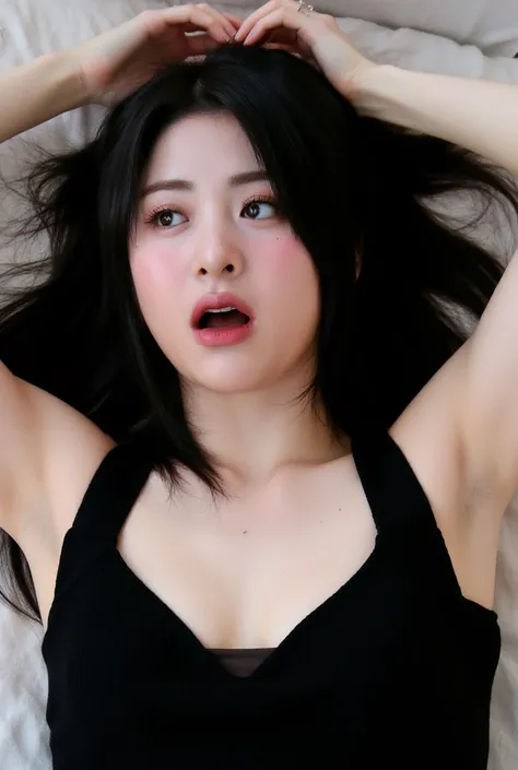 a 30 yo korean woman, slightly curvy, huge breast, wearing black tanktop, cleavage. ((crying face, Furrowed eyebrows, open eyes, open mouth, face facing upwards)). lying on the bed. arms up, pale skin, black hairOpen Mouth, Tongue Out, 