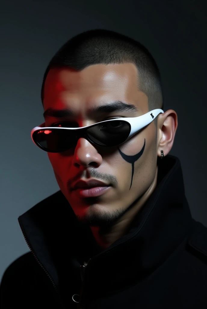 This is a portrait of a stylish man wearing futuristic sunglasses with a sleek, oval-shaped white frame and dark lenses. His face is partially illuminated by moody lighting, casting shadows and a red reflection on the left side of the glasses. He has a cle...