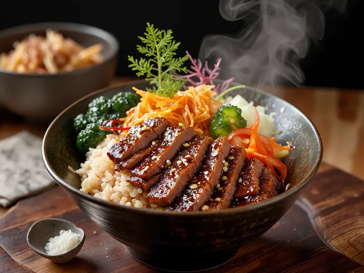 A professional photography with a Beef bowl, on a table, Tasty, professional photography, 8k, advertisement style composition, TV commercial style