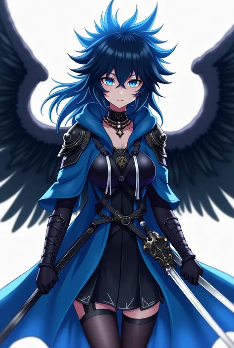 ( maximum quality, best quality,  official art ,  beautiful and aesthetic :1.2)  anime girl , Crow wings on the back,  blue eyes, long flaming blue and black spiked hair, Blue Hoodie, black and blue armor holding two daggers.