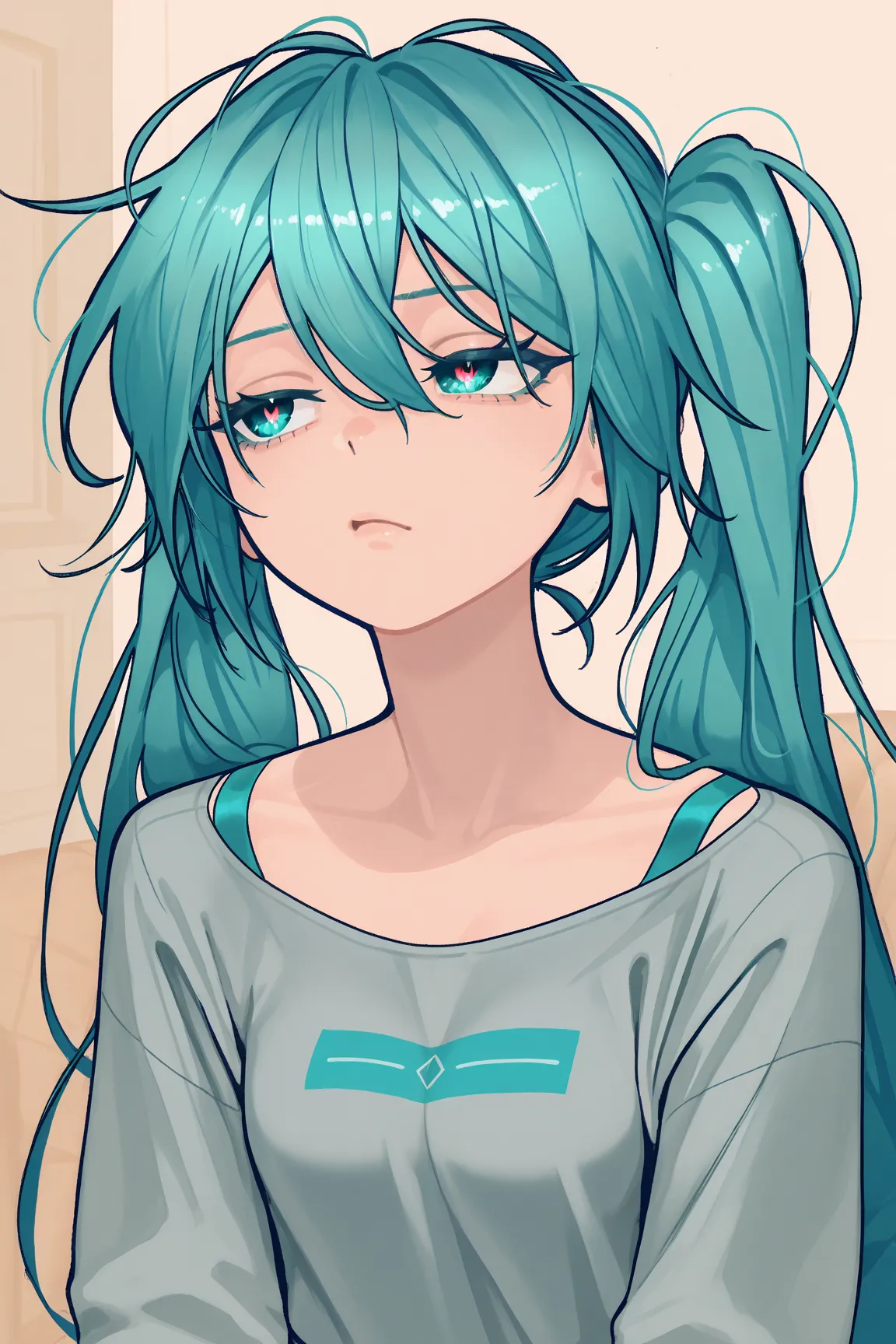 Hatsune-Miku ,  cool face color, A sharp eye ,   She's stressed., Discreet , Still , Look here, Bored, Tsundere, Degraded body,  messy hair , Sew that version of the label " 1.98 "