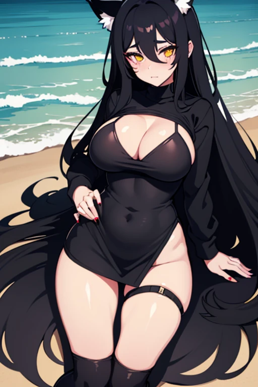 Hot girl, Beautiful long black hair, bright yellow eyes, black Sexy Virgin Killer Sweater, cleavage gap, black jacket, big medium breasts, big hips, big thighs,  long white sheer transparent socks, big wolf ears, blush, black lipstick, at a beach