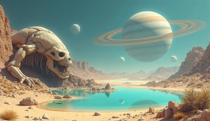 Desert landscape and a crystal clear lagoon with the bones of a large animal from another world and in the sky a super giant planet with rings, another moon and stars.