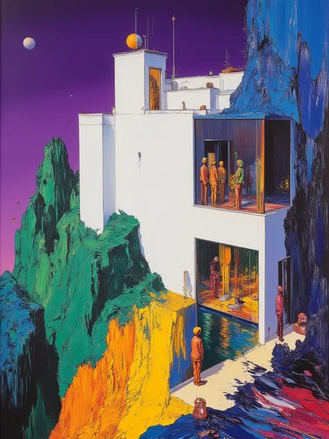 Modern architectural white building featuring inside a bunch of long body beings, Jean Giraud mixed with John Berkey paintings, oil painting, smooth gradient from purple and dark blue marine to green, abstract fragments building the scene textures and orna...