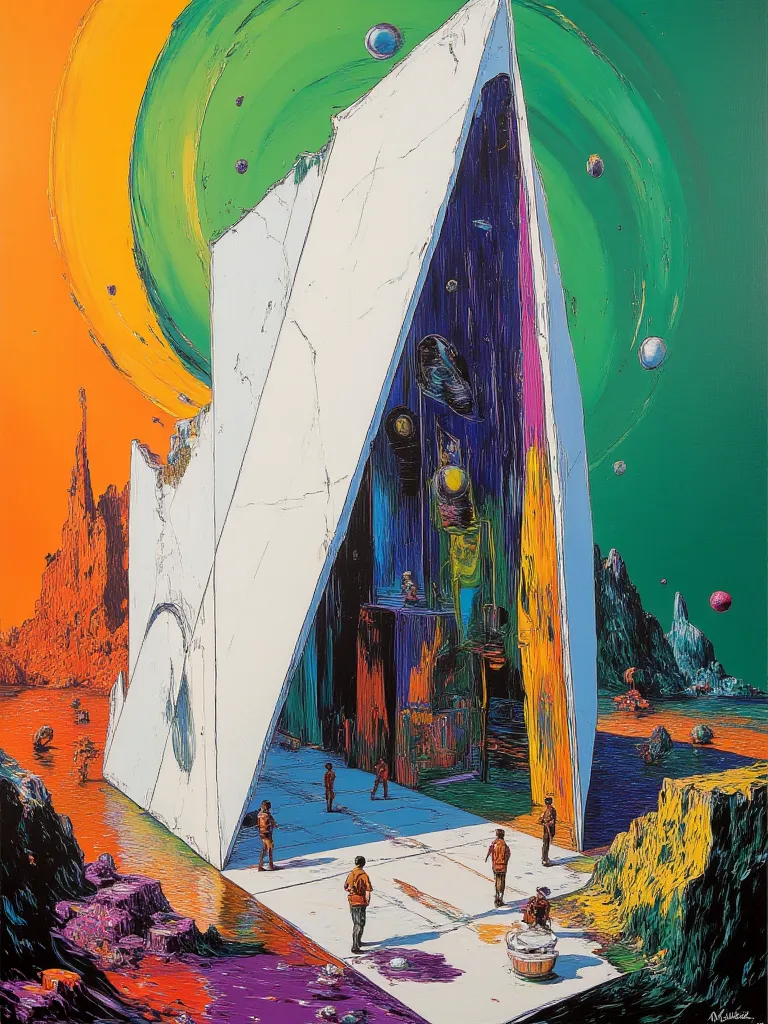 Modern architectural white building featuring inside a bunch of long body beings, Jean Giraud mixed with John Berkey paintings, oil painting, smooth gradient from purple and dark blue marine to green, abstract fragments building the scene textures and orna...