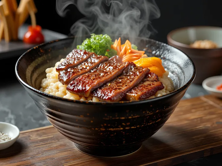 A professional photography with a gyudon, Beef bowl, on a table, Tasty, professional photography, 8k, advertisement style composition, TV commercial style
