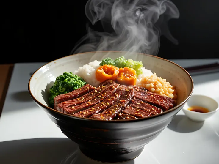 A professional photography with a gyudon, Beef bowl, on a table, Tasty, professional photography, 8k, advertisement style composition, TV commercial style