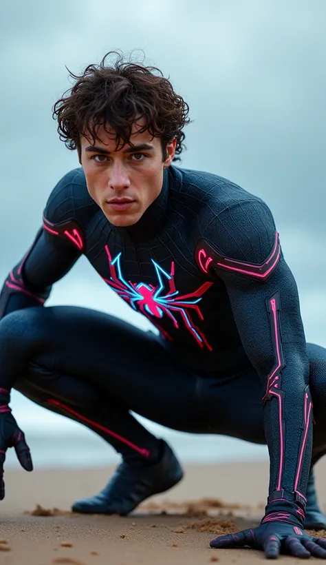 A heroic Spider-Man cosplayer with curly dark brown hair crouches in an iconic superhero landing pose on a sandy beach, exuding power and confidence. His intense gaze, piercing eyes, and slightly furrowed brows add to the dramatic effect. His athletic phys...