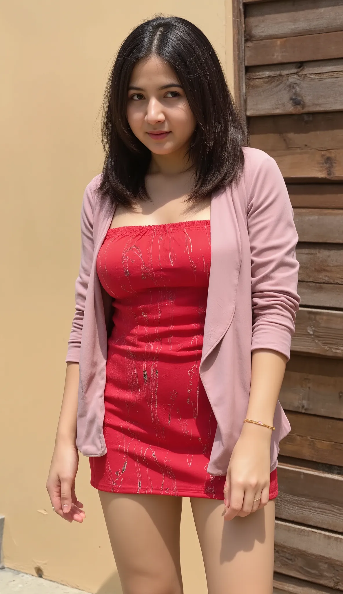 A young woman, likely of Southeast Asian descent, is seen from mid-chest up. Big size body, plump

She is weavy long messy black hair.
Her red tube crop skinny dress with batik motif, pink blazer mini, big breast, forward breast, almost a top/leotard type,...