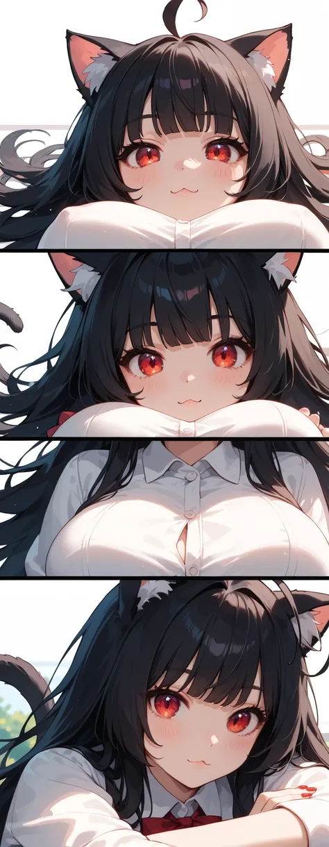 General,1 girl,(((cat girl, cat ears)), (red eyes), ( long hair ), (( black hair, (Ahoge), straight bangs,)),\(\(Fern \(junkotvvxl\), big breasts\)\), looking at the viewer ,side shot, very close up under the breasts,ángulo bajo,(pop:1.3) (cute background)...