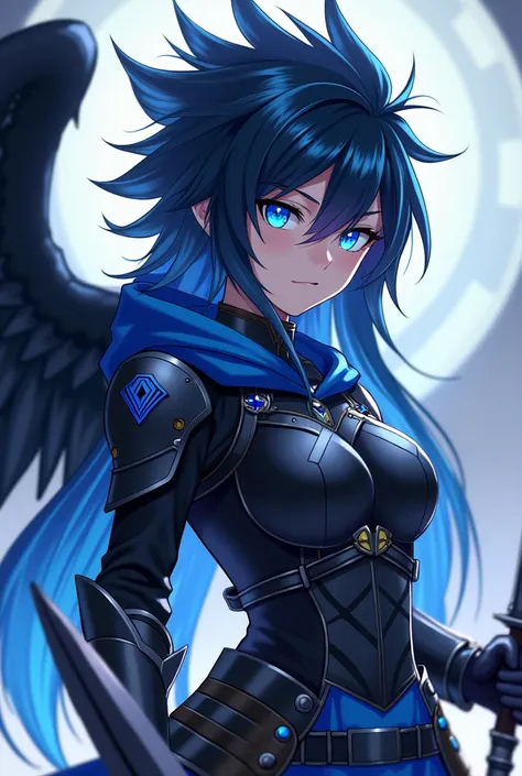 ( maximum quality, best quality,  official art ,  beautiful and aesthetic :1.2)  anime girl , Crow wings on the back,  blue eyes, long flaming blue and black spiked hair, Blue Hoodie, black and blue armor holding two daggers.
