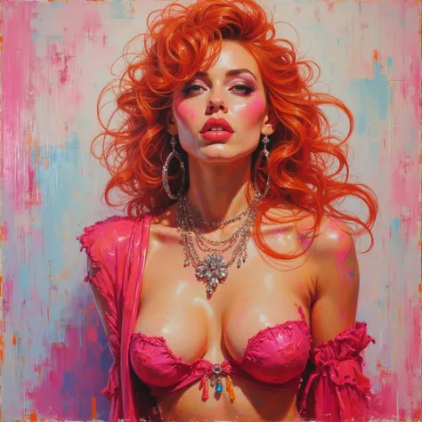 Oil paint, brushes strokes. 1980s, 1girl âge 23, , siouxsie,lighr auburn (kim wilde:0.5, Debbie Harry :0.8) cyberpunk, pastels, dynamic, 80s barbie clothes, 80s movie poster art style. She says “oh no!”. Full lips. Epic cleavage (100e breast).