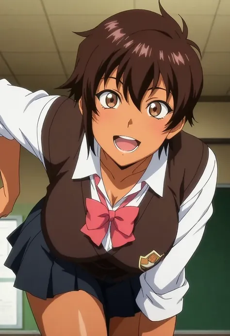 (anime screencap, masterpiece, best quality), 1girl, large full breasts, bare breasts, smile, open mouth, (slouching forward:0.8),
BREAK dark skinned female, brown hair, short hair, brown eyes, school uniform