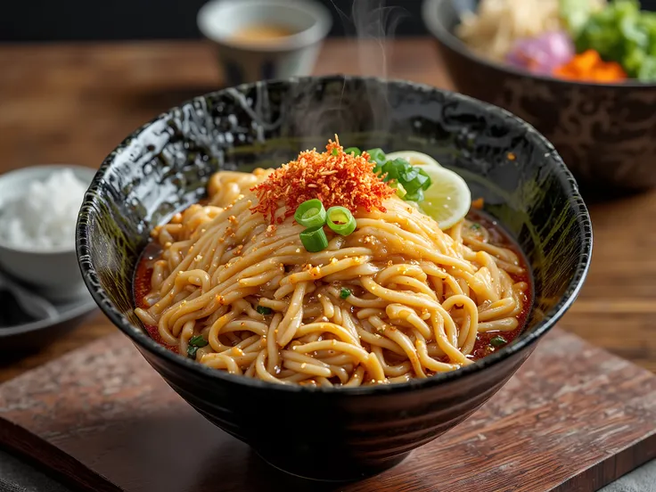A professional photography with a udon, on a table, Tasty, professional photography, 8k, advertisement style composition, TV commercial style