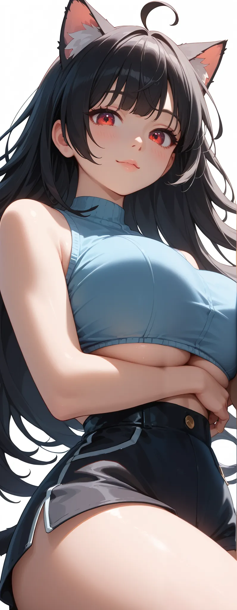 General,1 girl,(((cat girl, cat ears)), (red eyes), ( long hair ), (( black hair, (Ahoge), straight bangs,)),\(\(\(junkotvvxl\), big breasts\)\), looking at the viewer ,side shot, very close up under the breasts,ángulo bajo,(pop:1.3) (cute background), (co...