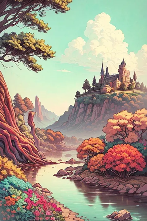  masterpiece, an enchanted fantasy island, colorful flowers and giant trees. Beautiful sky and rocks in the distance. Adventure landscape .  Top quality ,  Detailed.