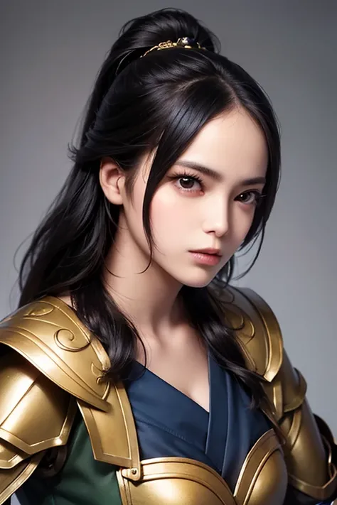 close-up of a woman wearing armor and a golden cape up to the waist , 1 person,  cute ponytail  ,20 years old, (((Real Face))), slightly larger breasts and cleavage,  reveal cleavage,Scary face,  very detailed face and skin textures ,  staring at the camer...