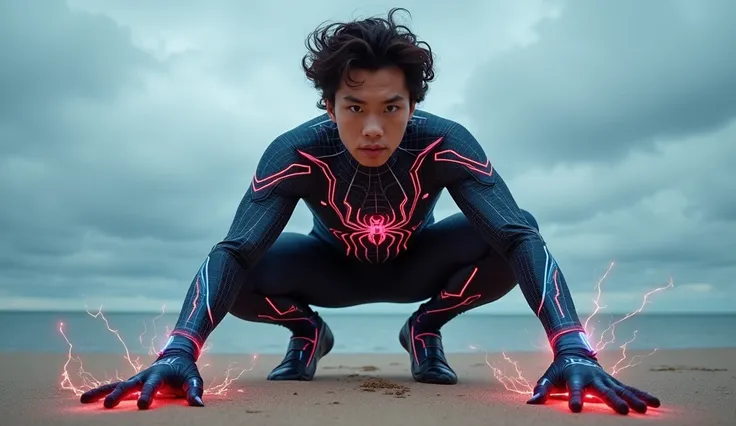 A heroic Spider-Man asian cosplayer with curly dark brown hair crouches in an iconic superhero landing pose on a sandy beach, exuding power and confidence. His intense gaze, piercing eyes, and slightly furrowed brows add to the dramatic effect. His athleti...