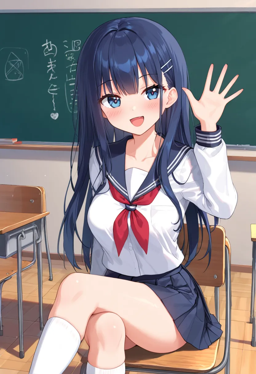 HD、8k、in a school classroom、Waving cheek canes 、Sit on a chair、 school uniform、