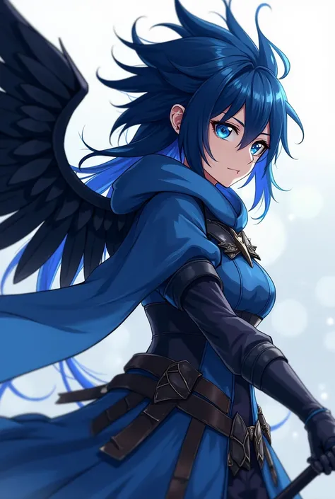 ( maximum quality, best quality,  official art ,  beautiful and aesthetic :1.2)  anime girl , Crow wings on the back,  blue eyes, long flaming blue and black spiked hair, Blue Hoodie, black and blue armor holding two daggers.
