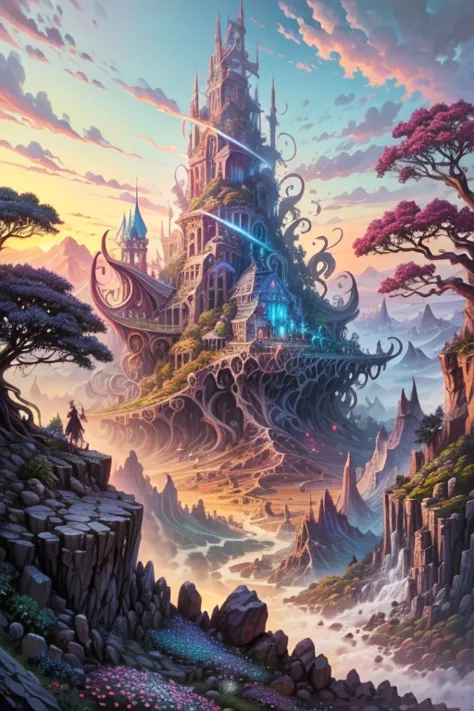  masterpiece, an enchanted fantasy island, colorful flowers and giant trees. Beautiful sky and rocks in the distance. Adventure landscape .  Top quality ,  Detailed.