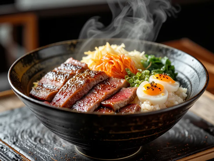 A professional photography with a japanese Beef bowl, on a table, Tasty, professional photography, 8k, advertisement style composition, TV commercial style