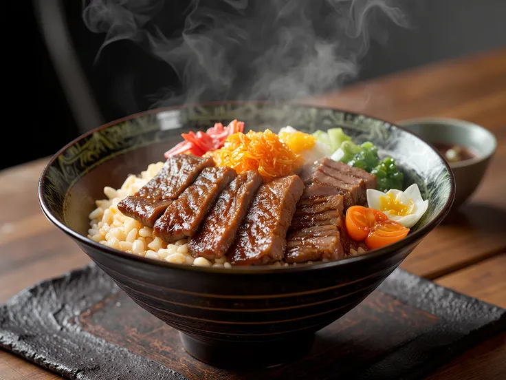 A professional photography with a japanese Beef bowl, on a table, Tasty, professional photography, 8k, advertisement style composition, TV commercial style