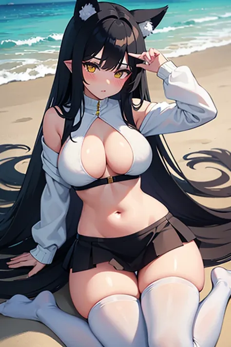 Hot girl, Beautiful long black hair, bright yellow eyes, white Sexy Virgin Killer Sweater, cleavage gap, White jacket, big medium breasts, big hips, big thighs, long white sheer transparent socks, big wolf ears, blush, at a beach