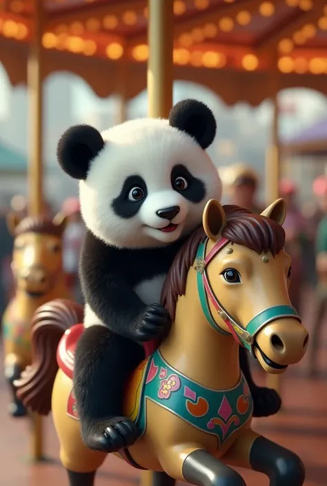 A video of a panda at an amusement park playing on the carousel.