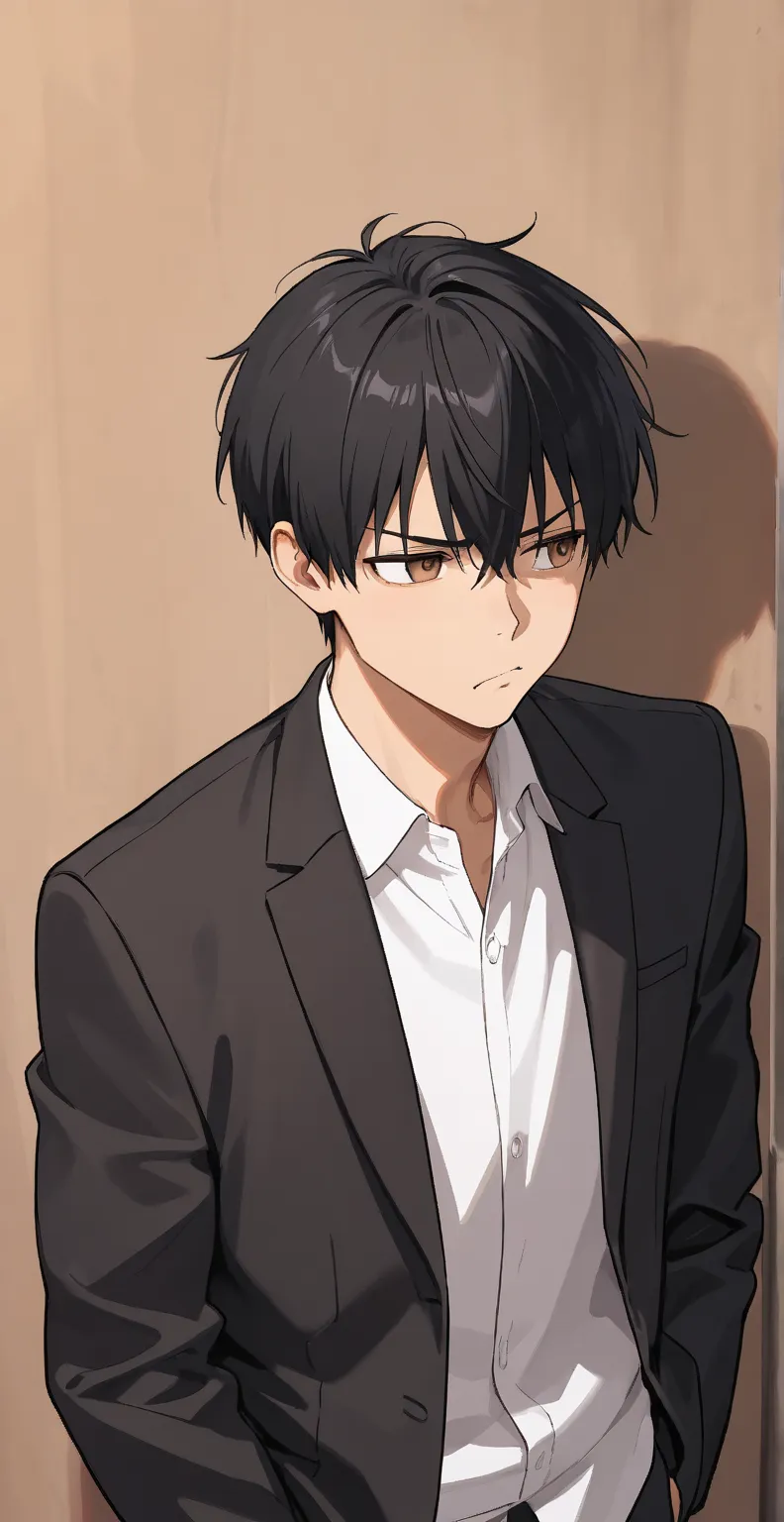 A handsome man. He looks mad and annoyed. He has black hair, brown eyes. He's tall, leaning against a wall