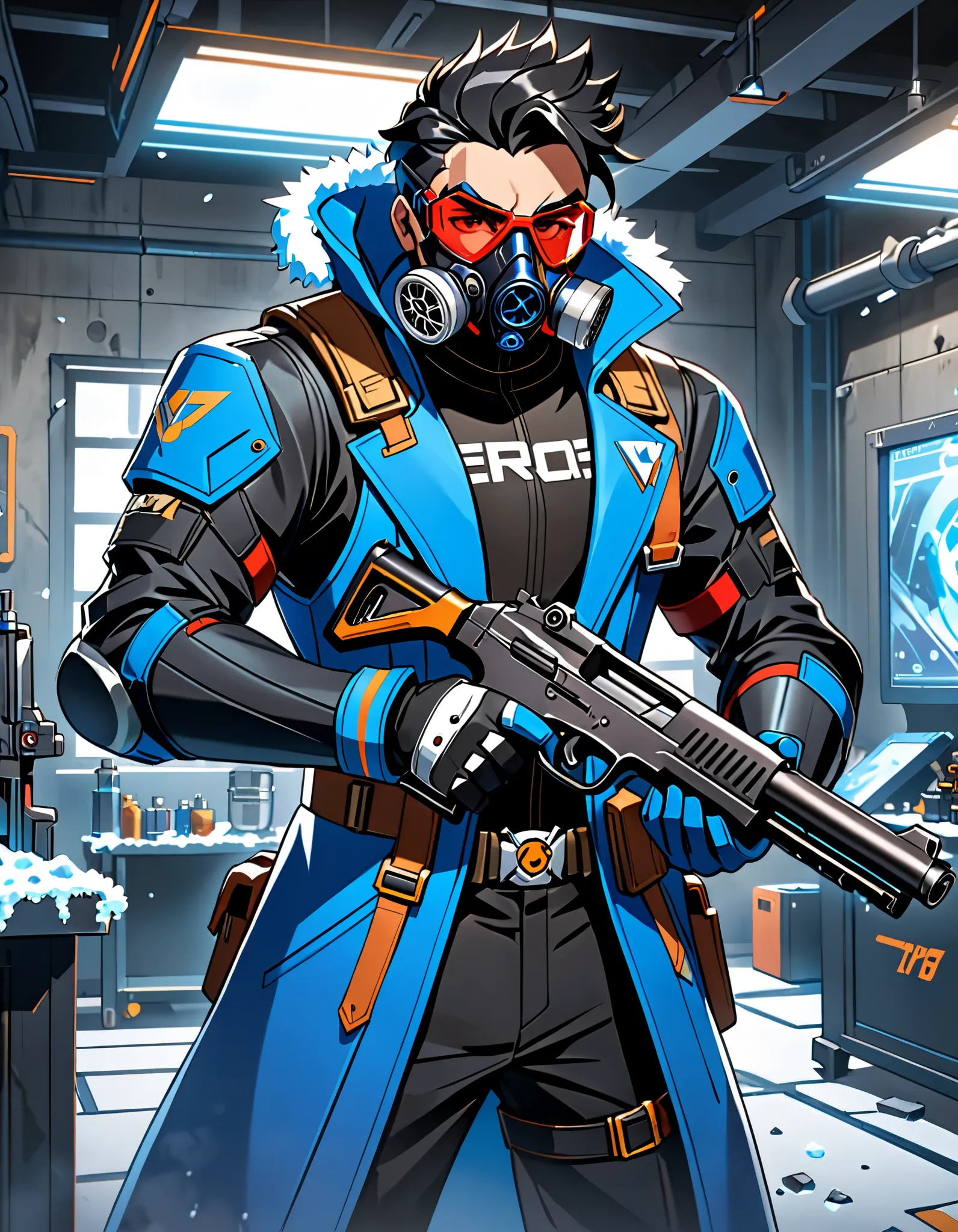 a close up of a person holding a gun in a room, soldier 7 6 from overwatch, trigger anime artstyle, character art the contra, badass anime 8 k, baptiste from overwatch, guilty gear strive splash art, epic comic book style, style of duelyst, hero 2 d fanart...