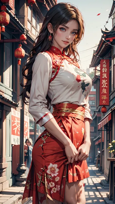 1 girl,origin, was taken by a cowboy, I closed my mouth, China Dress with Deep Slits(Qipao(cheongsam))、Light Smile,, blue sky、Downtown Beijing in the Qing Dynasty、 and place your hands on your lower back,