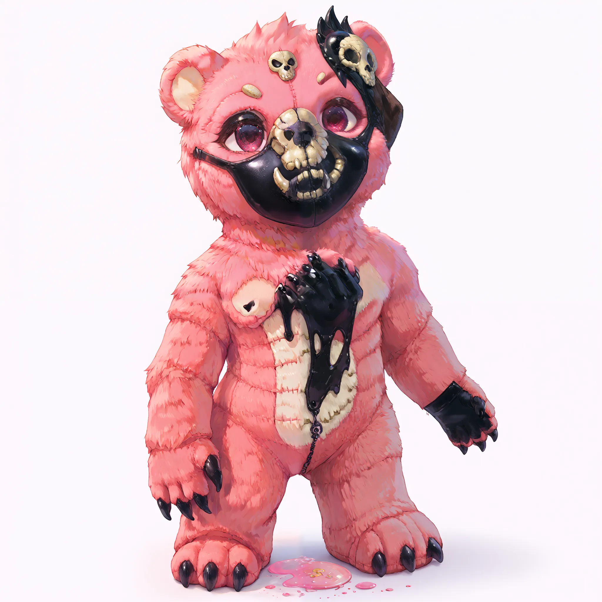 Teddy Bear is dark pink color tattered pink fur stitched up with corn spilling out of skull Teddy Bear is dark pink color tattered pink fur stitched up with corn spilling out of skull 2 black latex hands unzipping a latex head revealing a pink color skull,...