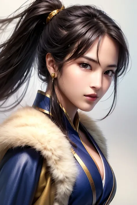 Close up of a female warrior wearing armor and a golden cape up to the waist, 1 person,  cute ponytail  ,20 years old, (((Real Face))), slightly larger breasts and cleavage,  reveal cleavage,Scary face,  very detailed face and skin textures ,  staring at t...