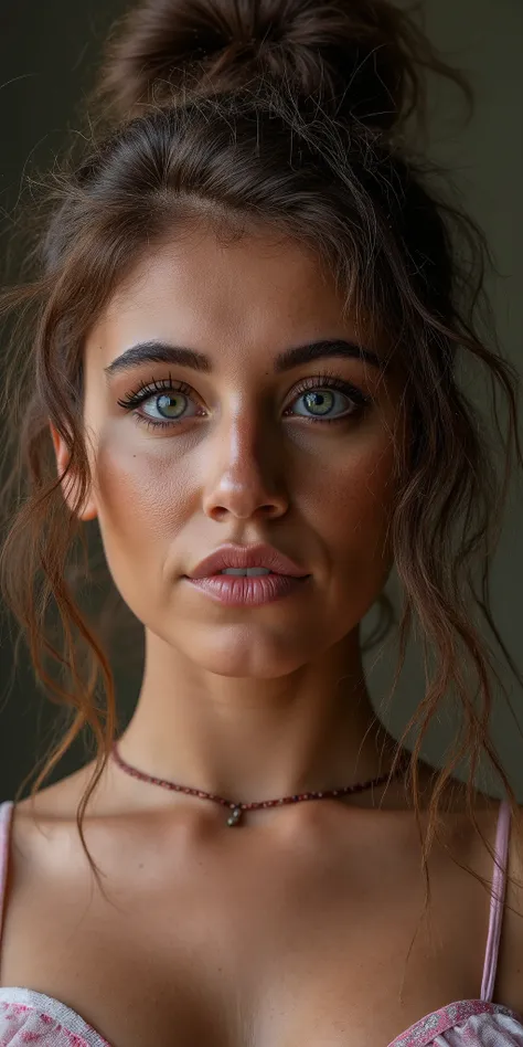 Photo époustouflante par-dessus l'épaule de ohwx regardant le spectateur, imperfections, collier, regardant par-dessus les épaules, cils, détail des cheveux fins, toute la coiffure visible, yeux parfaits avec motif d'iris, lèvres sensuelles, nez, (Parfaite...