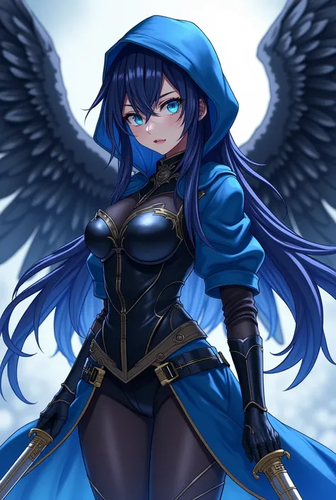 ( maximum quality, best quality,  official art ,  beautiful and aesthetic :1.2)  anime girl , Crow wings on the back,  blue eyes, flaming blue and black long spiked hair, Blue Hoodie, black and blue armor holding two daggers.
