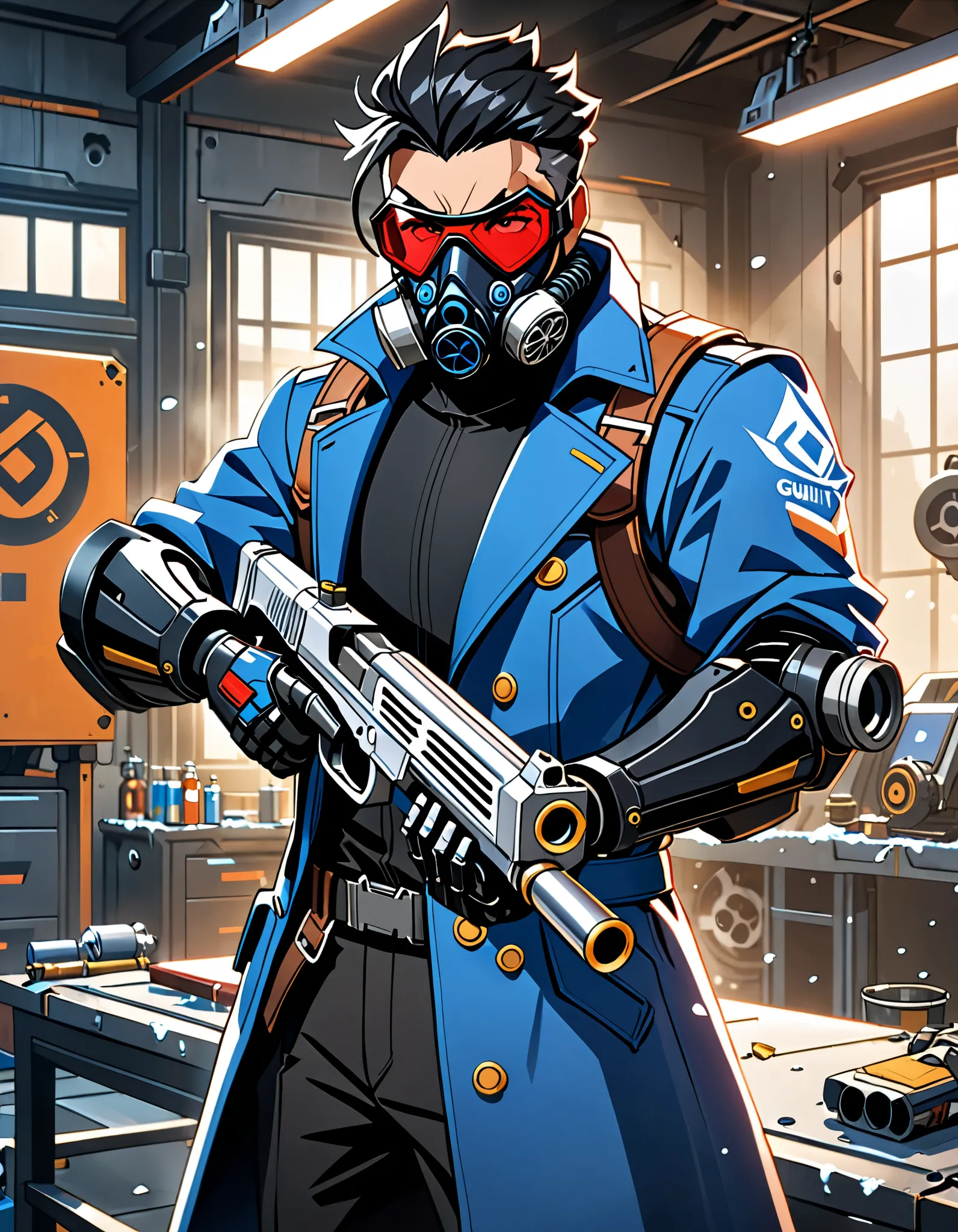 a close up of a person holding a gun in a room, soldier 7 6 from overwatch, trigger anime artstyle, character art the contra, badass anime 8 k, baptiste from overwatch, guilty gear strive splash art, epic comic book style, style of duelyst, hero 2 d fanart...