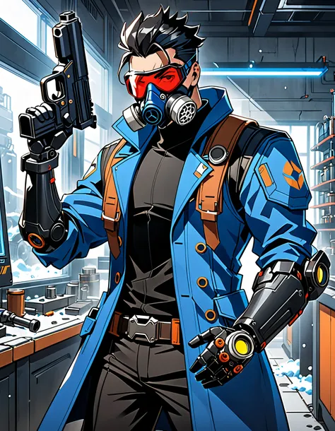 a close up of a person holding a gun in a room, soldier 7 6 from overwatch, trigger anime artstyle, character art the contra, badass anime 8 k, baptiste from overwatch, guilty gear strive splash art, epic comic book style, style of duelyst, hero 2 d fanart...