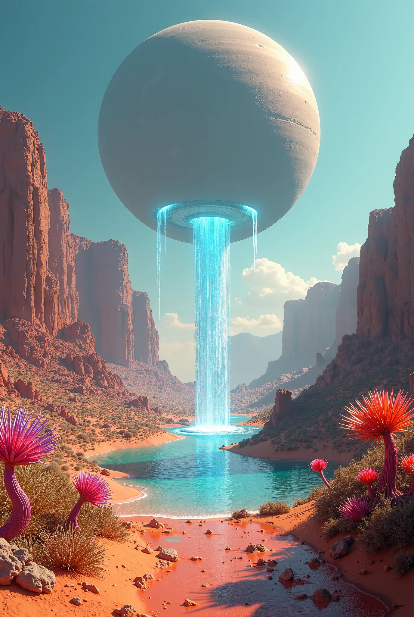 Desert landscape with flora from other worlds crystal clear river in the sky a giant planet 