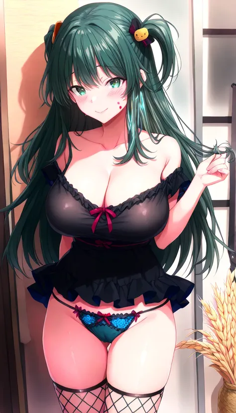 ((( fubuki from hell、 dark green hair、 Short Shoulder-Toe)))、((、Delicate Embroidered and Ruffled Panties 、Delicate Embroidered and Ruffled Fishnet Stockings、Glowing skin、 very big breasts、 Tight Breasts 、 Textured Wheat-colored Skin 、 cheeks、Red face、suppl...