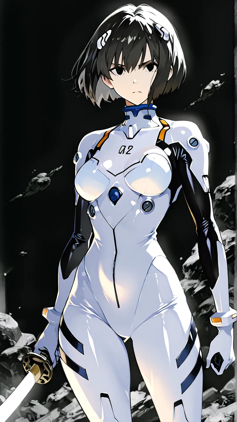 a mature 30 year old girl wearing a simple white fullbody plugsuit with black details with short bob cut black hair and black eyes holding a katana in a serious determined expression while standing next to a large intimidating black werewolf in the distanc...