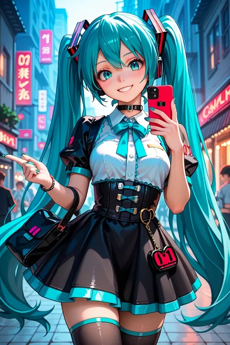 (top quality), (8k detailed), ( masterpiece),  Masterpiece , 1 person , woman ,  Hatsune Miku ,  turquoise hair  , twin tails , smile ,  create a perfect body line  , Hot body ,  up to half the thigh ,  red 01 tattoo on one upper arm ,  exact finger , Ligh...