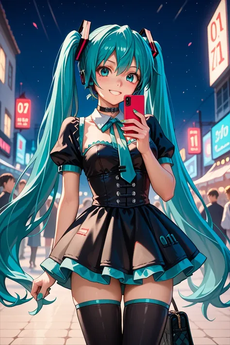 (top quality), (8k detailed), ( masterpiece),  Masterpiece , 1 person , woman ,  Hatsune Miku ,  turquoise hair  , twin tails , smile ,  create a perfect body line  , Hot body ,  up to half the thigh ,  red 01 tattoo on one upper arm ,  exact finger , Ligh...