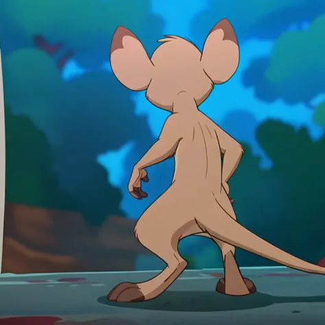 score_9, score_8_up, score_7_up, score_6_up, score_5_up, score_4_up, source_furry, jakerdu, semi-anhtro, male, kangaroo mouse, tan fur, naked, nude, standing, outside, full body, back view, screencap